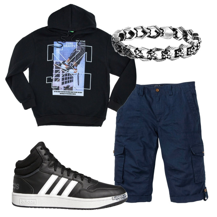 Outfit uomo - Total look #1686911. Stile Urban per Tutti i giorni. Abbinamento con bermuda, sneakers alte, braccialetti, felpe con cappuccio.