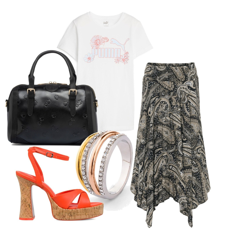 Outfit donna - Ghost outfitter - agosto. Stile Basic per Tutti i giorni. Abbinamento con gonne longuette, anelli, sandali in pelle, t-shirt, borse a mano.
