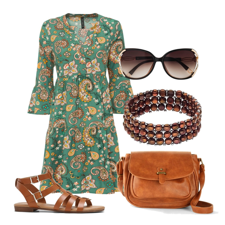 Outfit donna - Ghost outfitter - agosto. Stile Boho per Tutti i giorni. Abbinamento con borse a tracolla, occhiali da sole, vestiti, sandali, braccialetti.