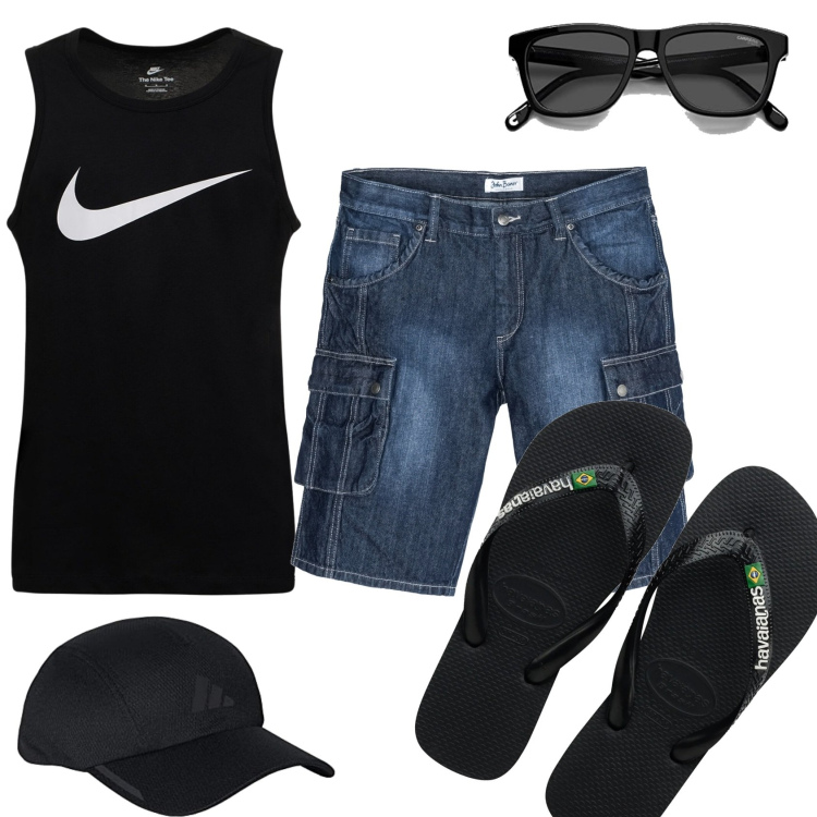 Outfit uomo - Al bar del mare. Stile Casual per Mare. Abbinamento con bermuda, canottiere, sandali, occhiali da sole, cappelli con visiera.