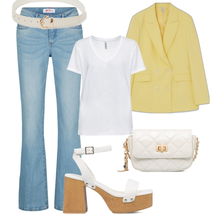 Outfit donna - Intramontabile t-shirt e jeans. Stile Casual per Tutti i giorni. Abbinamento con jeans bootcut, t-shirt, giacche, cinture, borse a tracolla, sandali in pelle.
