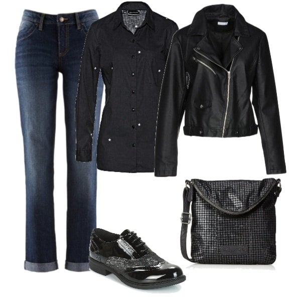 Outfit donna - Urban #6795. Stile Urban per Tutti i giorni. Abbinamento con jeans dritti, blusa lunga fantasia, giubbotto collo classico a maniche lunghe con zip interno foderato in pelle sintetica tinta unita, scarpe nero, borsa a spalla nero.