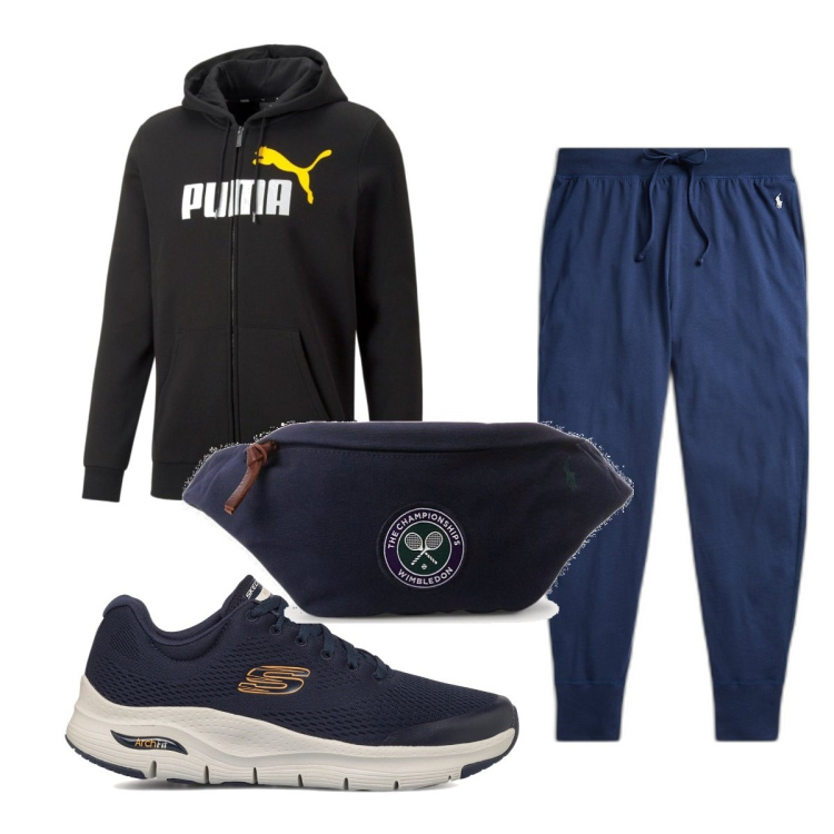 Outfit uomo - Total look #1686968. Stile Trendy per Sport. Abbinamento con felpe con cappuccio, sneakers, pantaloni, borse sportive.