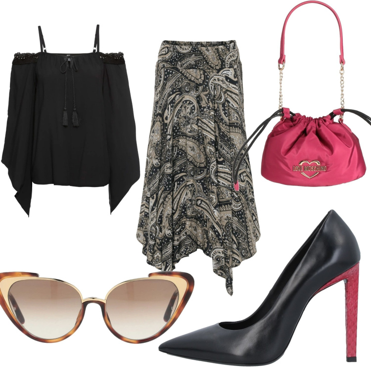 Outfit donna - Total look #1686985. Stile Etnico per Tutti i giorni. Abbinamento con gonne longuette, bluse, décolleté, occhiali da sole, borse a secchiello.