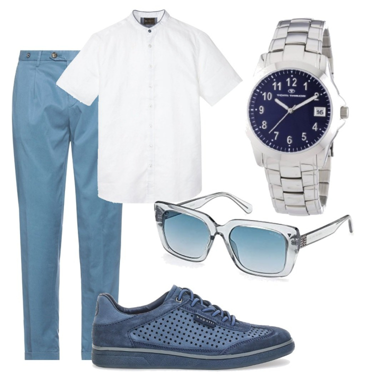 Outfit uomo - Vado in ufficio. Stile Trendy per Ufficio. Abbinamento con camicie a manica corta, pantaloni, sneakers, orologi, occhiali da sole.