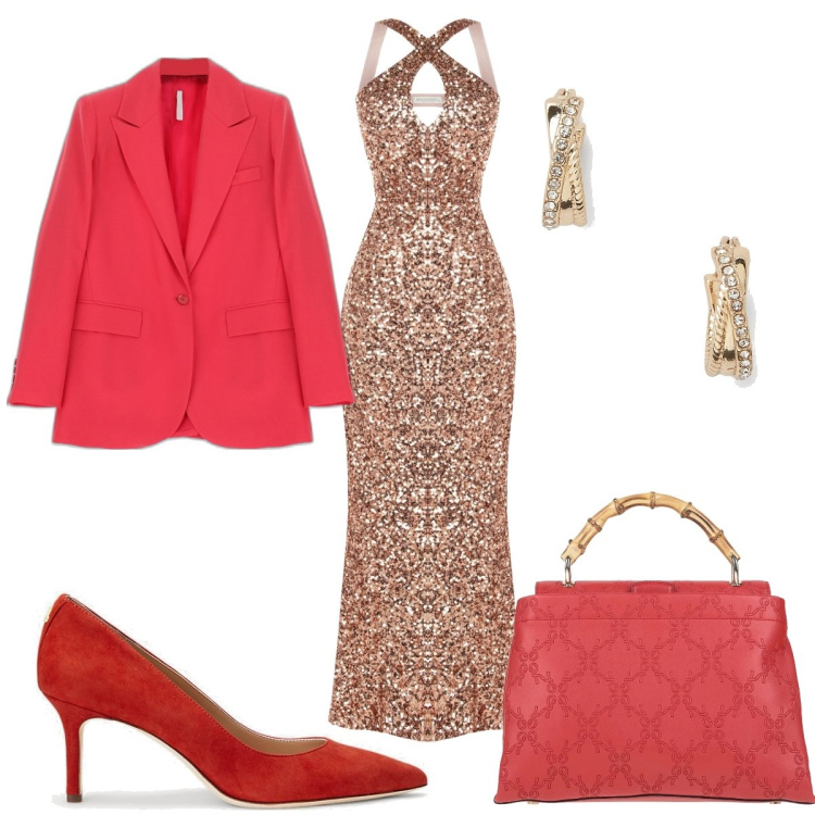 Outfit donna - Compleanno in vacanza. Stile Glamour per Cerimonia. Abbinamento con borse a mano, vestiti lunghi, giacche, orecchini, décolleté.
