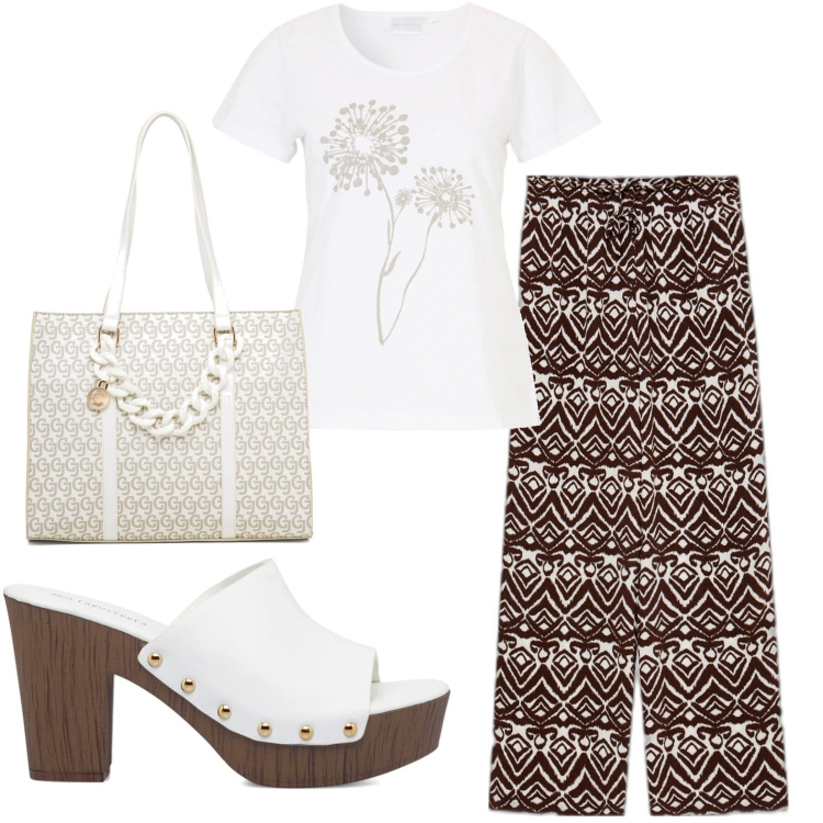 Outfit donna - White t-shirt. Stile Casual per Ufficio. Abbinamento con t-shirt, pantaloni a palazzo, borse a spalla, sandali col tacco.