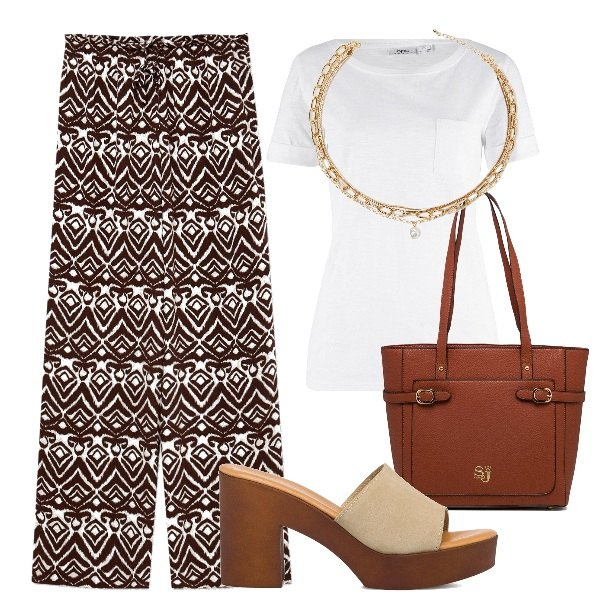 Outfit donna - Col pantalone a palazzo. Stile 70s per Tutti i giorni. Abbinamento con t-shirt, pantaloni a palazzo, collane, sandali in pelle, borse a spalla.