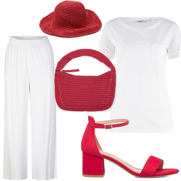 Outfit donna - Bianco/rosso. Stile Casual per Ufficio. Abbinamento con pantaloni, t-shirt, borse a spalla, cappelli con visiera, sandali in pelle.