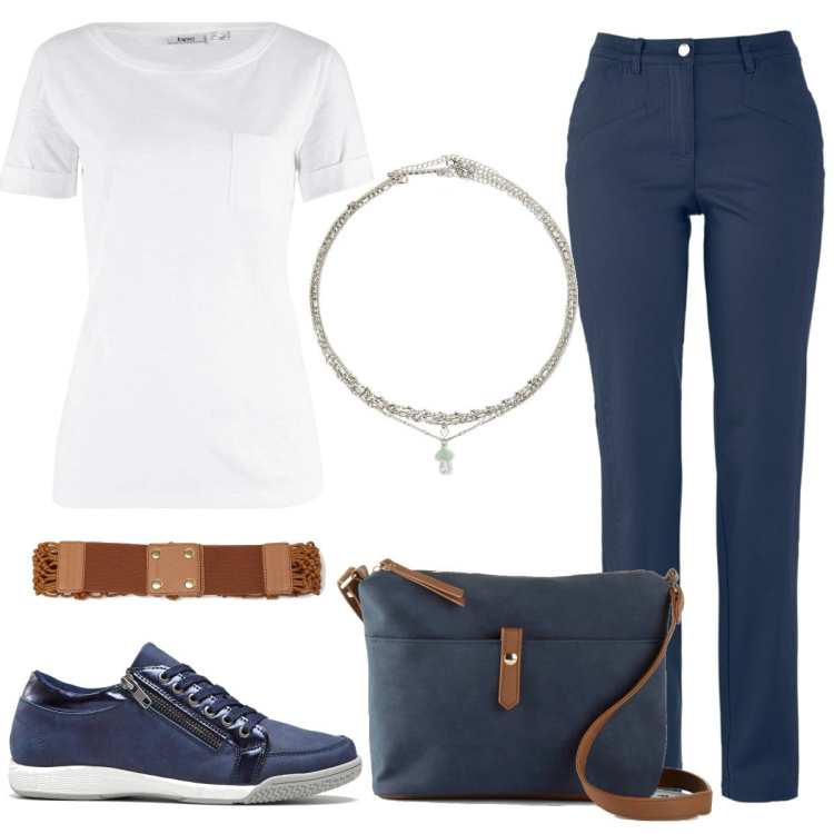 Outfit donna - Total look #1687130. Stile Basic per Tutti i giorni. Abbinamento con t-shirt, pantaloni, borse a tracolla, sneakers alte, ciondoli, cinture.