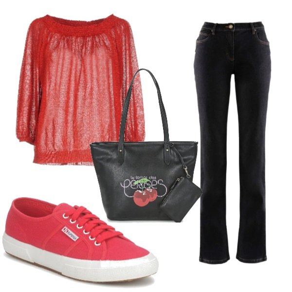 Outfit donna - Basic #15204. Stile Basic Abbinamento con jeans dritti, pullover lavorato a maglia collo tondo a maniche 3/4 tinta unita, scarpe rosso, borsa nero.
