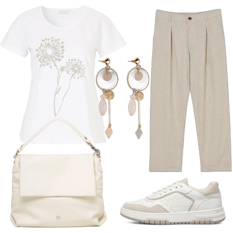 Outfit donna - Total look #1687191. Stile Casual per Tutti i giorni. Abbinamento con t-shirt, orecchini, pantaloni capri, sneakers, borse a spalla.