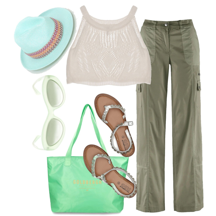 Outfit donna - Cargo e vai!. Stile Casual chic per Tutti i giorni. Abbinamento con pantaloni cargo, top, cappelli, shopping bag, sandali in pelle, occhiali da sole.