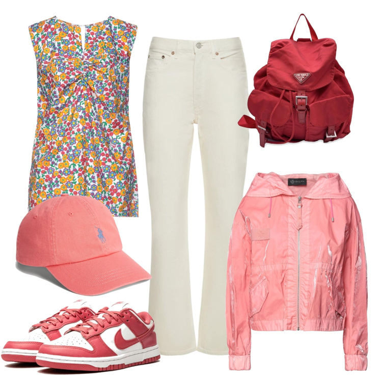 Outfit donna - Ferragosto in montagna. Stile Sporty chic per Tutti i giorni. Abbinamento con top, sneakers, giacche, zaini, cappelli, jeans dritti.