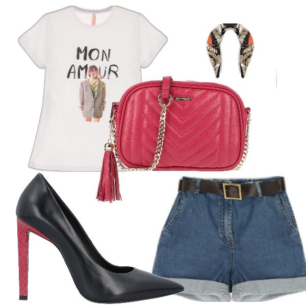Outfit donna - Mon amour. Stile Preppy per Tutti i giorni. Abbinamento con borse a tracolla, décolleté, bermuda, t-shirt, cerchietti.