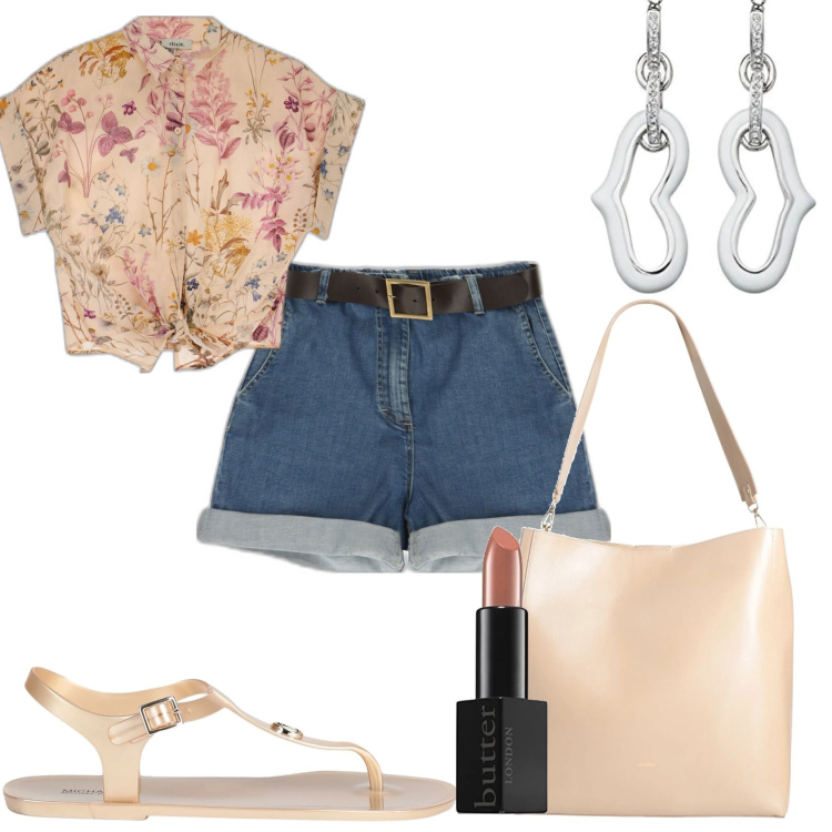 Outfit donna - Shorts e camicia fiorata annodata. Stile Trendy per Tutti i giorni. Abbinamento con borse a spalla, infradito, bermuda, camicie a manica corta, orecchini, rossetti.
