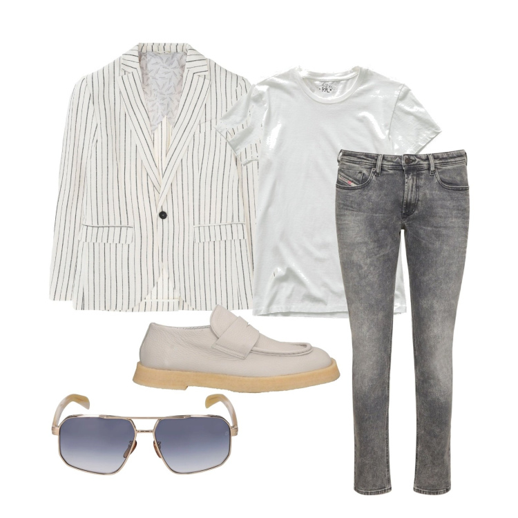 Outfit uomo - Ghost outfitter - agosto. Stile Business/Elegante per Serata speciale. Abbinamento con scarpe stringate, giacche, t-shirt, jeans skinny, occhiali da sole.