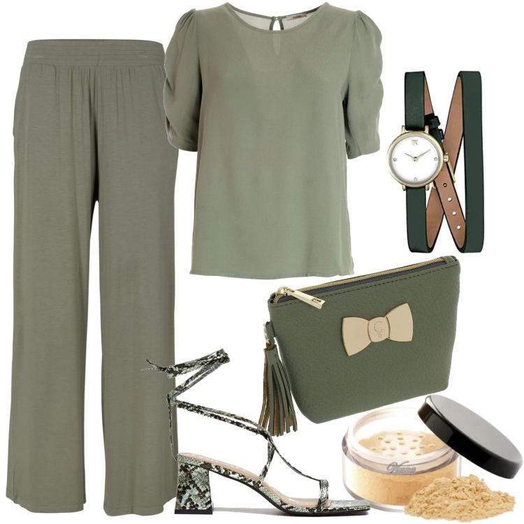 Outfit donna - Verde salvia. Stile Chic per Tutti i giorni. Abbinamento con pantaloni, bluse, sandali in pelle, orologi analogici, valigie, fondotinta.