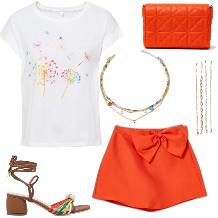 Outfit donna - Esprimi un desiderio.... Stile Casual chic per Serata fuori. Abbinamento con t-shirt, borse a spalla, pantaloni corti, ciondoli, braccialetti, sandali alla schiava.
