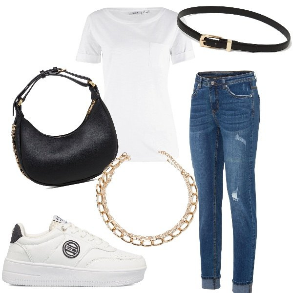 Outfit donna - Casual Shirt. Stile Casual chic per Tutti i giorni. Abbinamento con t-shirt, jeans, collane, cinture, sneakers, borse a mano.