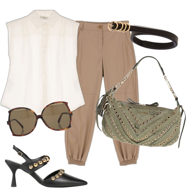 Outfit donna - Cool. Stile Casual chic per Tutti i giorni. Abbinamento con décolleté, borse a spalla, occhiali da sole, pantaloni, camicie, cinture.