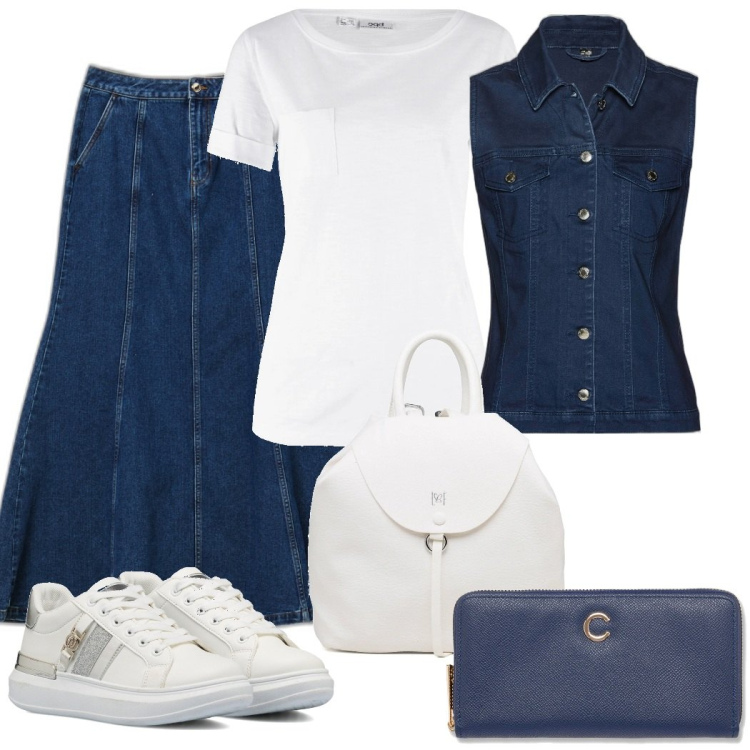 Outfit donna - La mia t-shirt bianca. Stile Casual chic per Scuola/Università. Abbinamento con t-shirt, gilet, gonne lunghe, sneakers alte, portafogli, zaini.
