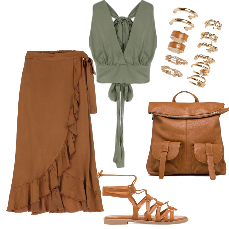 Outfit donna - Urban trendy. Stile Trendy per Tutti i giorni. Abbinamento con orecchini, zaini, sandali alla schiava, gonne longuette, top.
