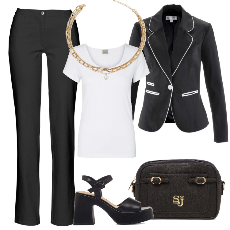 Outfit donna - Pantaloni 5 tasche, t-shirt e blazer. Stile Casual chic per Serata fuori. Abbinamento con pantaloni, blazer, collane, sandali in pelle, borse a tracolla, t-shirt.