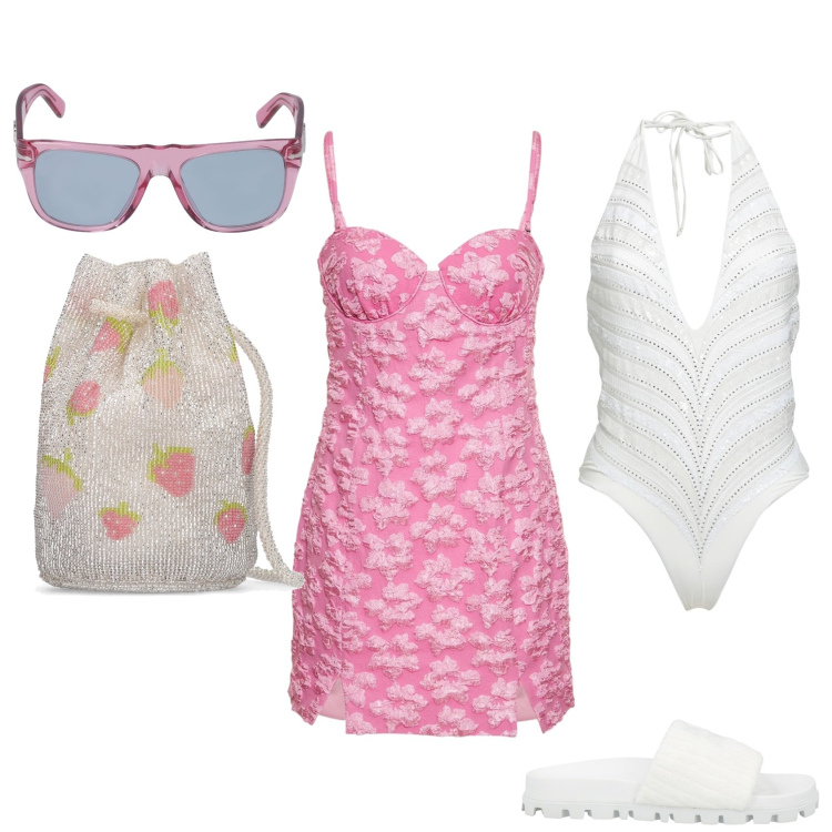 Outfit donna - Estate assoluta al mare. Stile Casual per Mare. Abbinamento con costumi interi, sandali, vestiti, borse a spalla, occhiali da sole.