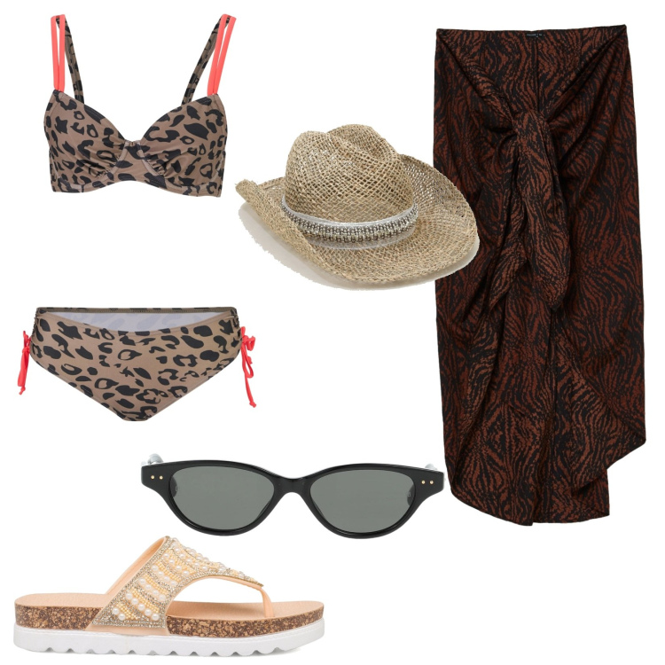 Outfit donna - Viaggiare con stile. Stile Etnico per Mare. Abbinamento con bikini, occhiali da sole, vestiti da spiaggia, infradito, cappelli.