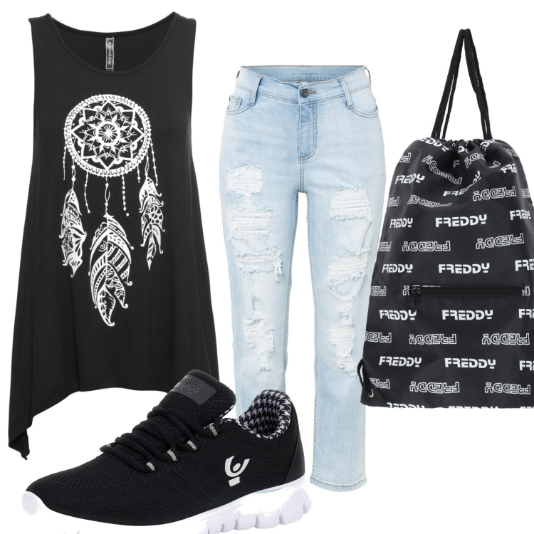 Outfit donna - L\'acchiappasogni. Stile Casual per Scuola/Università. Abbinamento con top, jeans strappati, sneakers alte, zaini.