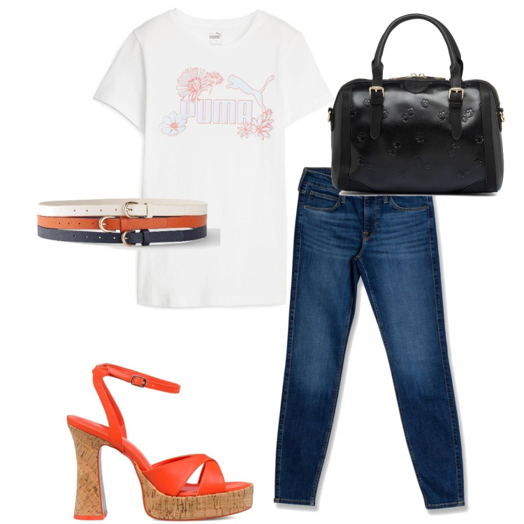 Outfit donna - Rientro a settembre in jeans e T shirt. Stile Casual per Tutti i giorni. Abbinamento con cinture, jeans skinny, t-shirt, sandali in pelle, borse a mano.
