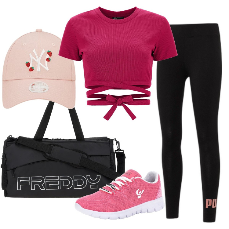 Outfit donna - Corsetta all’alba. Stile Basic per Sport. Abbinamento con borse sportive, top, sneakers, leggings, cappelli.