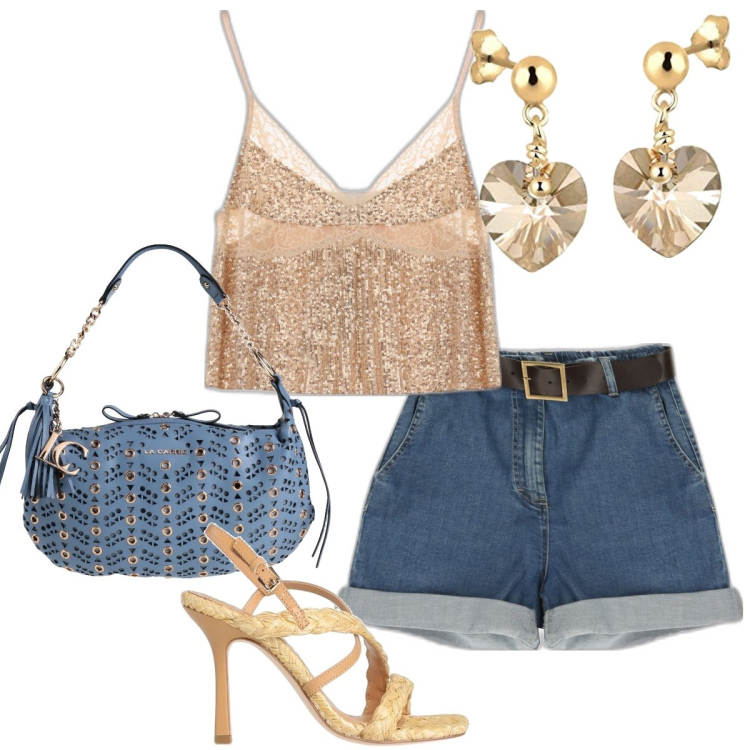 Outfit donna - Oro. Stile Glamour per Serata fuori. Abbinamento con sandali in pelle, borse a spalla, bermuda, canottiere, orecchini.
