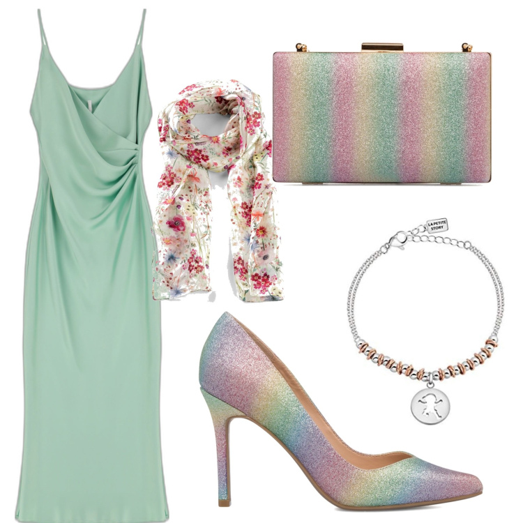 Outfit donna - Cerimonia d\'agosto. Stile Chic per Cerimonia. Abbinamento con foulard, vestiti midi/longuette, décolleté, clutch, braccialetti.
