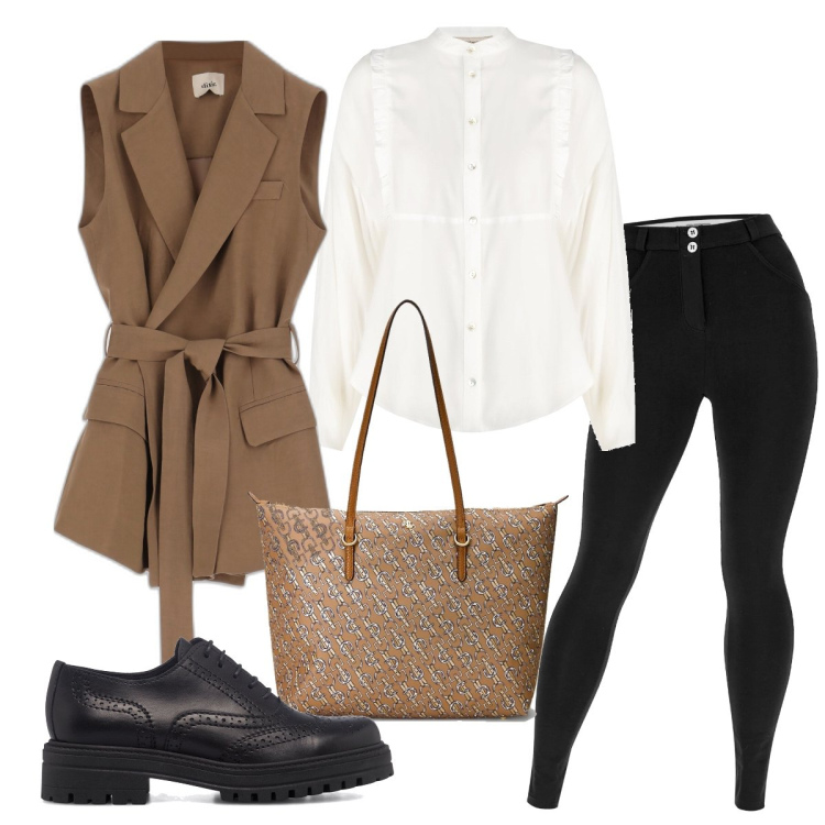 Outfit donna - Trendy. Stile Trendy per Ufficio. Abbinamento con camicie, pantaloni skinny, gilet, borse tote, scarpe stringate.