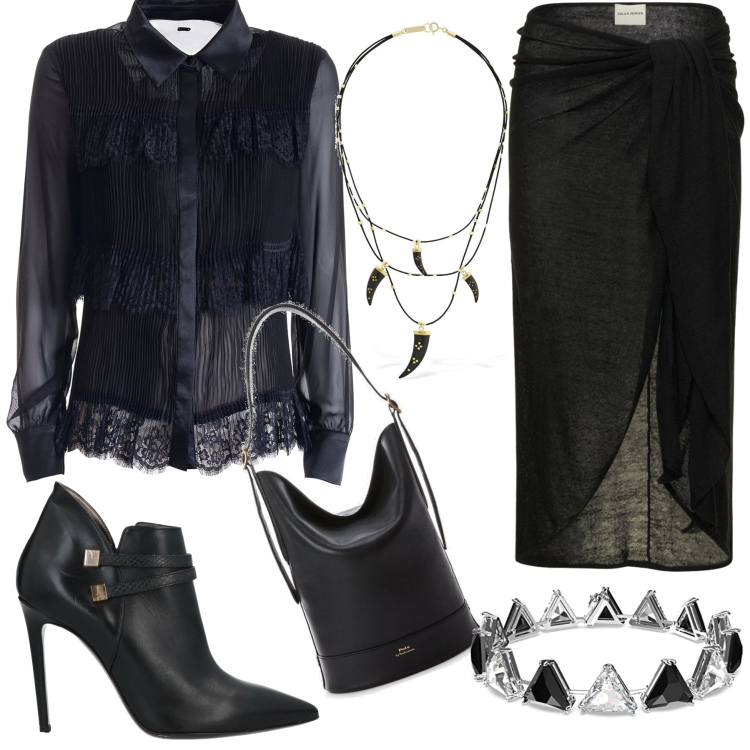 Outfit donna - Nero nero nero. Stile Sexy per Serata fuori. Abbinamento con stivaletti, camicie, borse a secchiello, gonne longuette, collane, braccialetti.