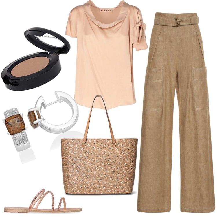 Outfit donna - In ufficio. Stile Casual chic per Ufficio. Abbinamento con bluse, borse tote, sandali in pelle, orecchini, pantaloni, ombretti.