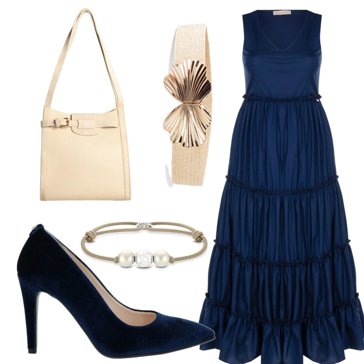 Outfit donna - L\'abito a balze. Stile Casual chic per Serata fuori. Abbinamento con cinture, décolleté, borse a spalla, vestiti lunghi, braccialetti.