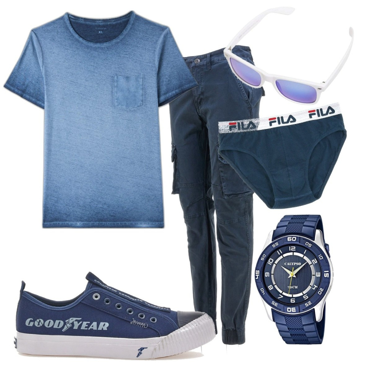 Outfit uomo - Blu passion. Stile Trendy per Tutti i giorni. Abbinamento con t-shirt, orologi, occhiali da sole, pantaloni cargo, sneakers, slip.