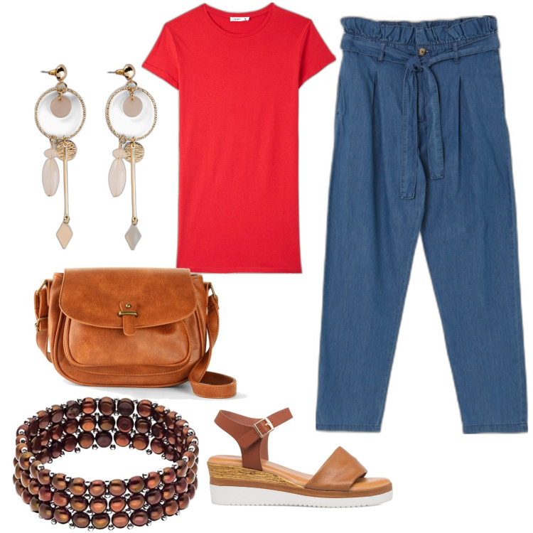 Outfit donna - Semplice. Abbinamento con borse a tracolla, orecchini, t-shirt, pantaloni, sandali in pelle, braccialetti.