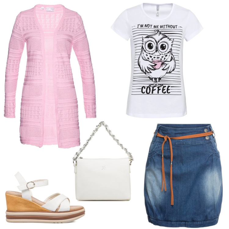 Outfit donna - La bianca didascalica. Stile Basic per Tutti i giorni. Abbinamento con t-shirt sportive, minigonne, cardigans, sandali in pelle, borse a tracolla.