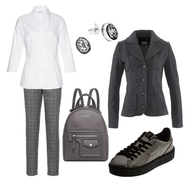 Outfit donna - 5 sfumature di grigio ;-). Stile Urban per Ufficio. Abbinamento con camicie, blazer, pantaloni a palazzo, scarpe da ginnastica argento, zaino grigio, orecchini in ottone rodiato argento.