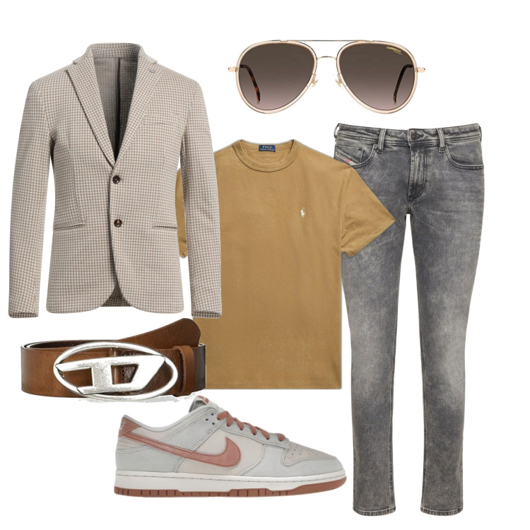 Outfit uomo - Nocciola. Stile Trendy per Tutti i giorni. Abbinamento con giacche, sneakers alte, t-shirt, cinture, occhiali da sole, jeans skinny.