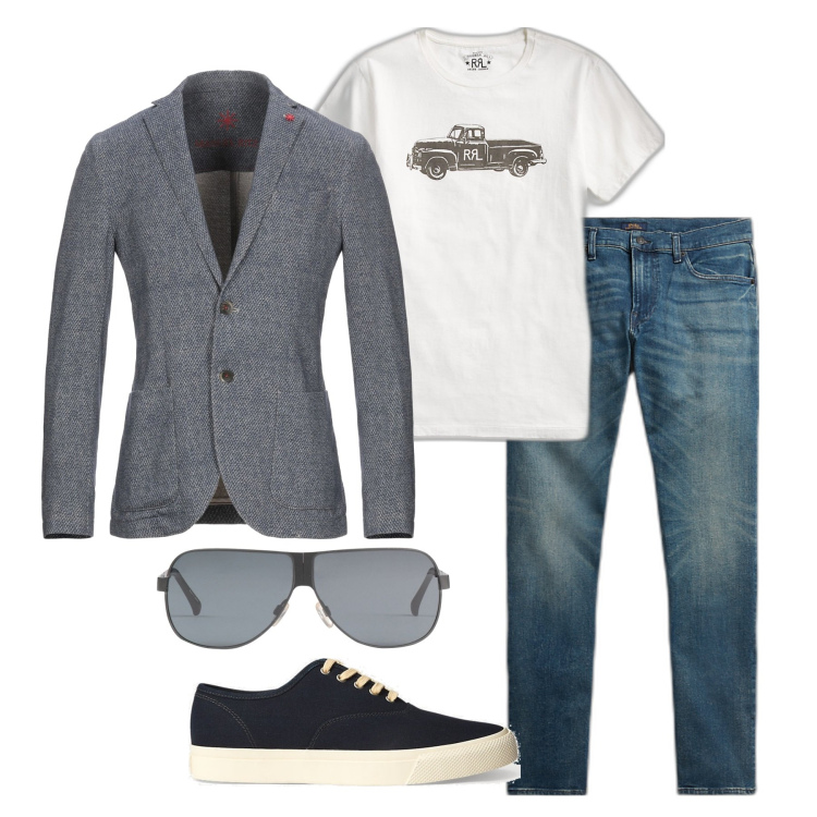 Outfit uomo - Sfrontato. Stile Casual per Tutti i giorni. Abbinamento con giacche, occhiali da sole, t-shirt, sneakers, jeans.