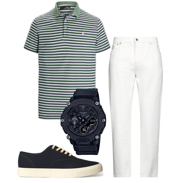 Outfit uomo - Pantaloni bianchi bianchi. Stile Trendy per Tutti i giorni. Abbinamento con pantaloni, sneakers, polo, orologi.