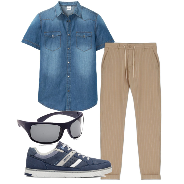 Outfit uomo - Senso pratico. Stile Trendy per Tutti i giorni. Abbinamento con camicie a manica corta, pantaloni, sneakers, occhiali da sole.