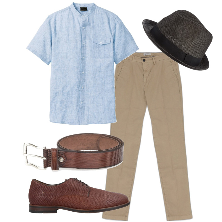 Outfit uomo - Col cappello. Stile Trendy per Tutti i giorni. Abbinamento con camicie a manica corta, scarpe stringate, pantaloni, cappelli, cinture.