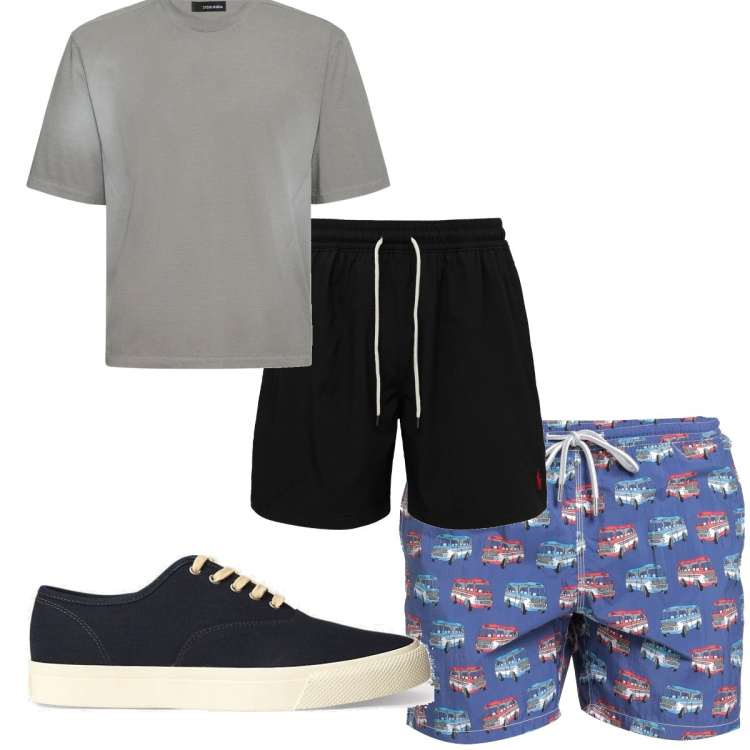 Outfit uomo - Total look #1687684. Stile Trendy per Mare. Abbinamento con costumi, sneakers, shorts, t-shirt.