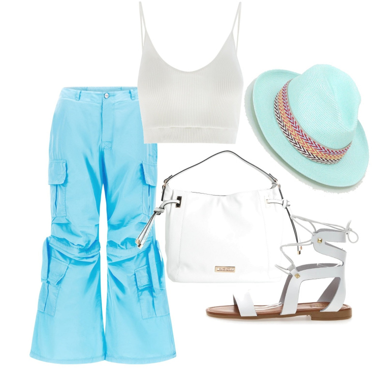 Outfit donna - Ghost outfitter - agosto. Stile Glamour per Tutti i giorni. Abbinamento con borse a mano, pantaloni cargo, top, cappelli, sandali in pelle.